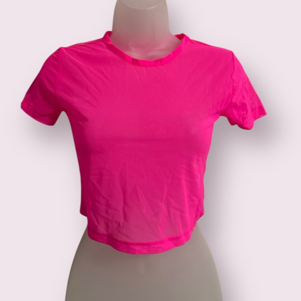 Hot Pink Sheer Mesh Crop Top Short Sleeve Fitted Tee